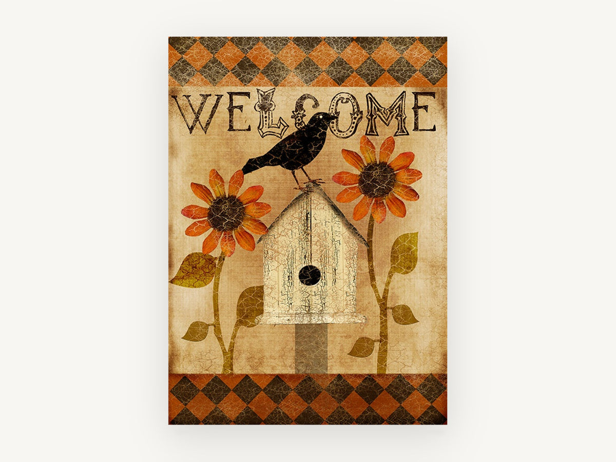 Welcome Crow and Sunflowers, floral canvas wall art print, front view