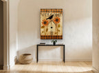 Welcome Crow and Sunflowers floral canvas print on the wall of a hallway