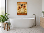 Welcome Crow and Sunflowers floral canvas print on the wall of a bathroom