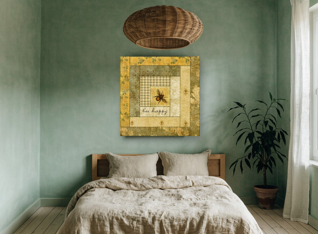 Bee Happy Patchwork animal canvas print on the wall of a bedroom