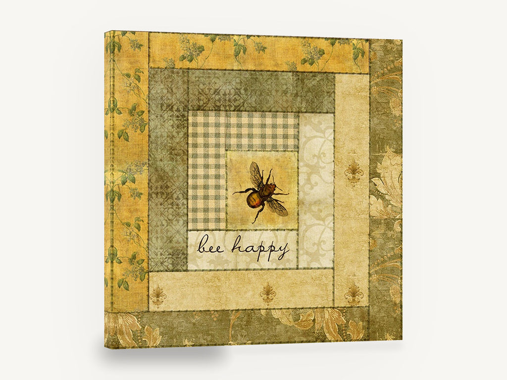 Bee Happy Patchwork, bee happy quilt block illustration, animal canvas wall art print ready to hang
