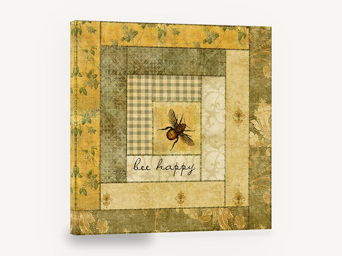 Bee Happy Patchwork, bee happy quilt block illustration, animal canvas wall art print ready to hang