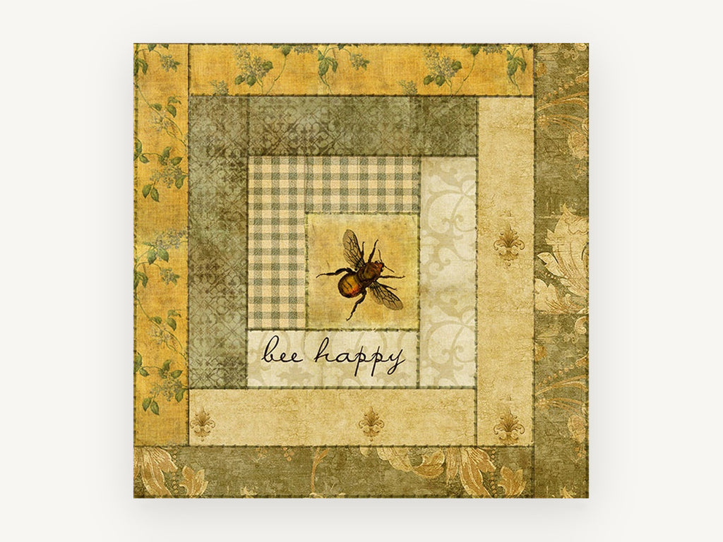 Bee Happy Patchwork, bee happy quilt block illustration, animal canvas wall art print, front view