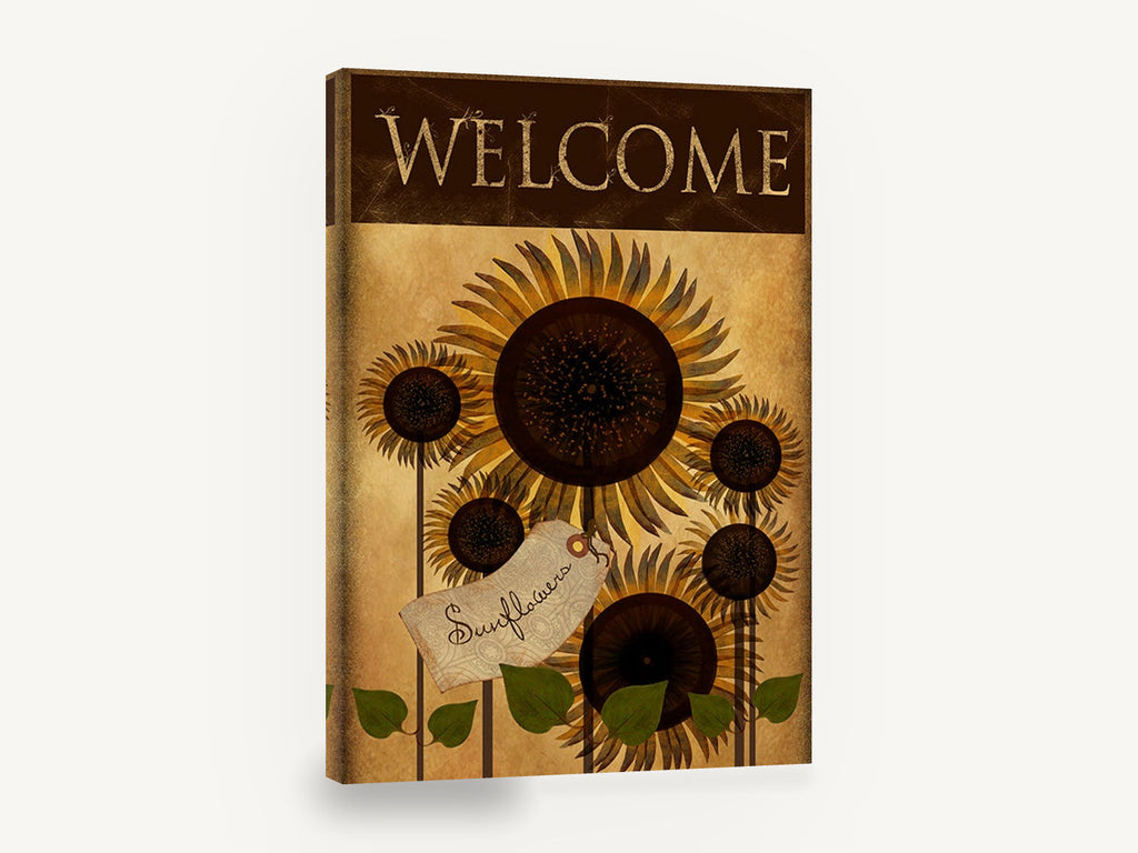 Sunflower Welcome Tag, sunflowers welcome sign rustic illustration, floral canvas wall art print ready to hang