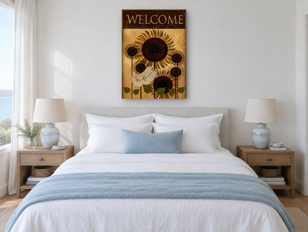 Sunflower Welcome Tag floral canvas print on the wall of a coastal bedroom