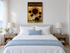 Sunflower Welcome Tag floral canvas print on the wall of a coastal bedroom