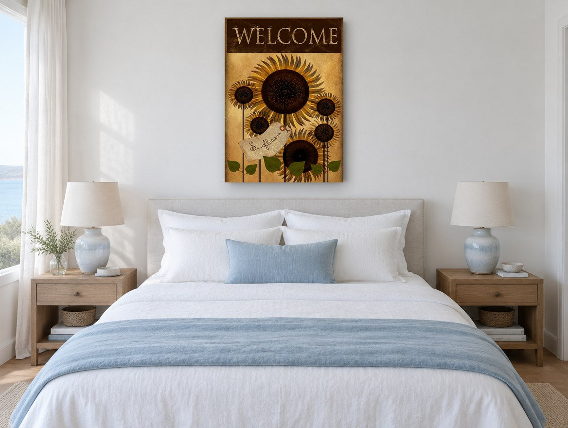 Sunflower Welcome Tag floral canvas print on the wall of a coastal bedroom