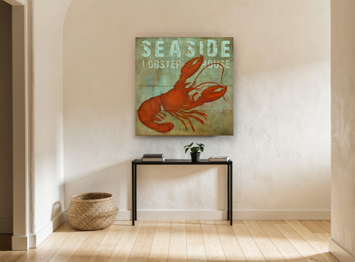 Red Lobster Signboard coastal canvas print on the wall of a hallway