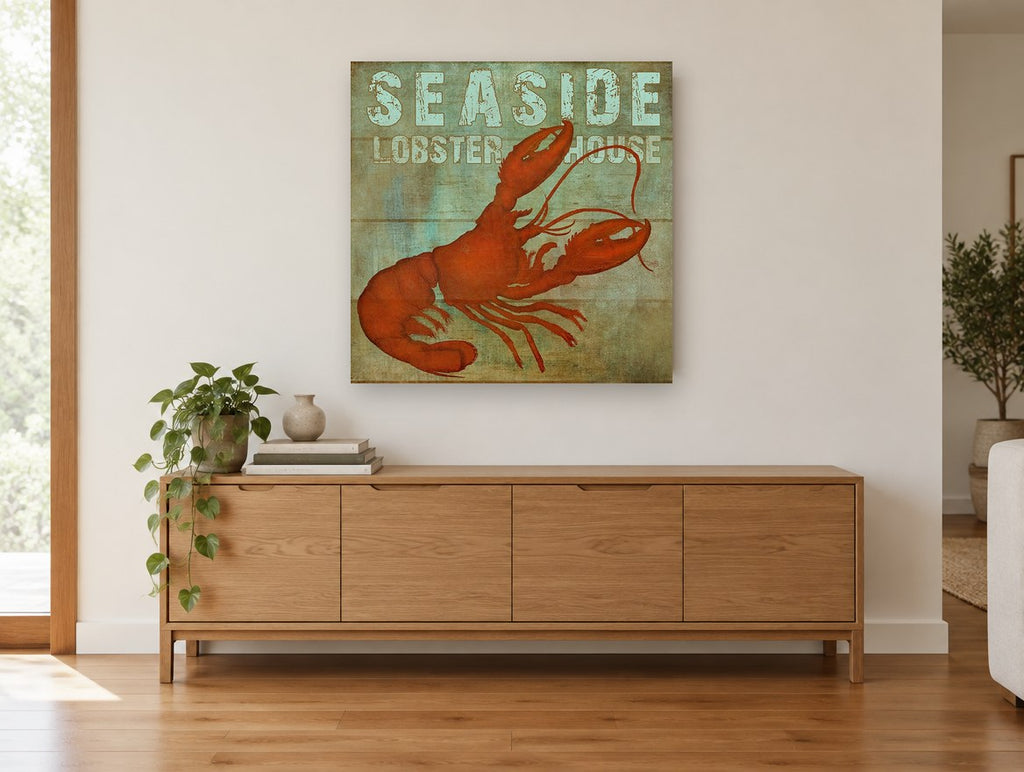 Red Lobster Signboard coastal canvas print on the wall of a living room above a sideboard