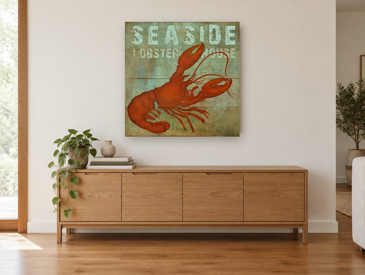 Red Lobster Signboard coastal canvas print on the wall of a living room above a sideboard