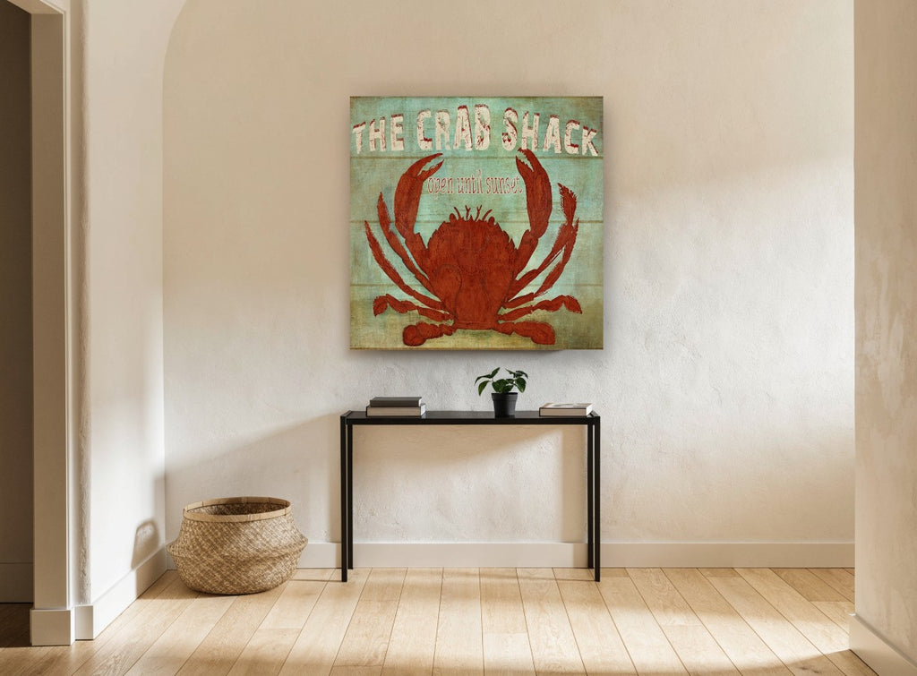 Red Crab Shack Sign coastal canvas print on the wall of a hallway