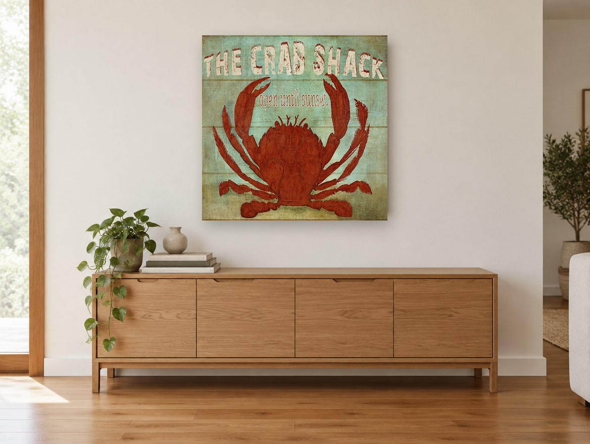 Red Crab Shack Sign coastal canvas print on the wall of a living room above a sideboard