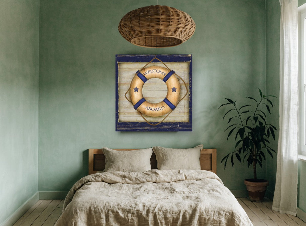 Welcome Aboard Lifebuoy vintage canvas print on the wall of a bedroom