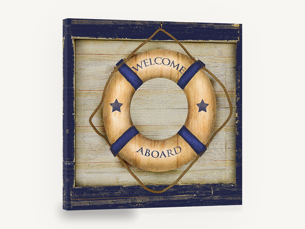 Welcome Aboard Lifebuoy, vintage welcome aboard lifebuoy sign, stretched canvas wall art print ready to hang