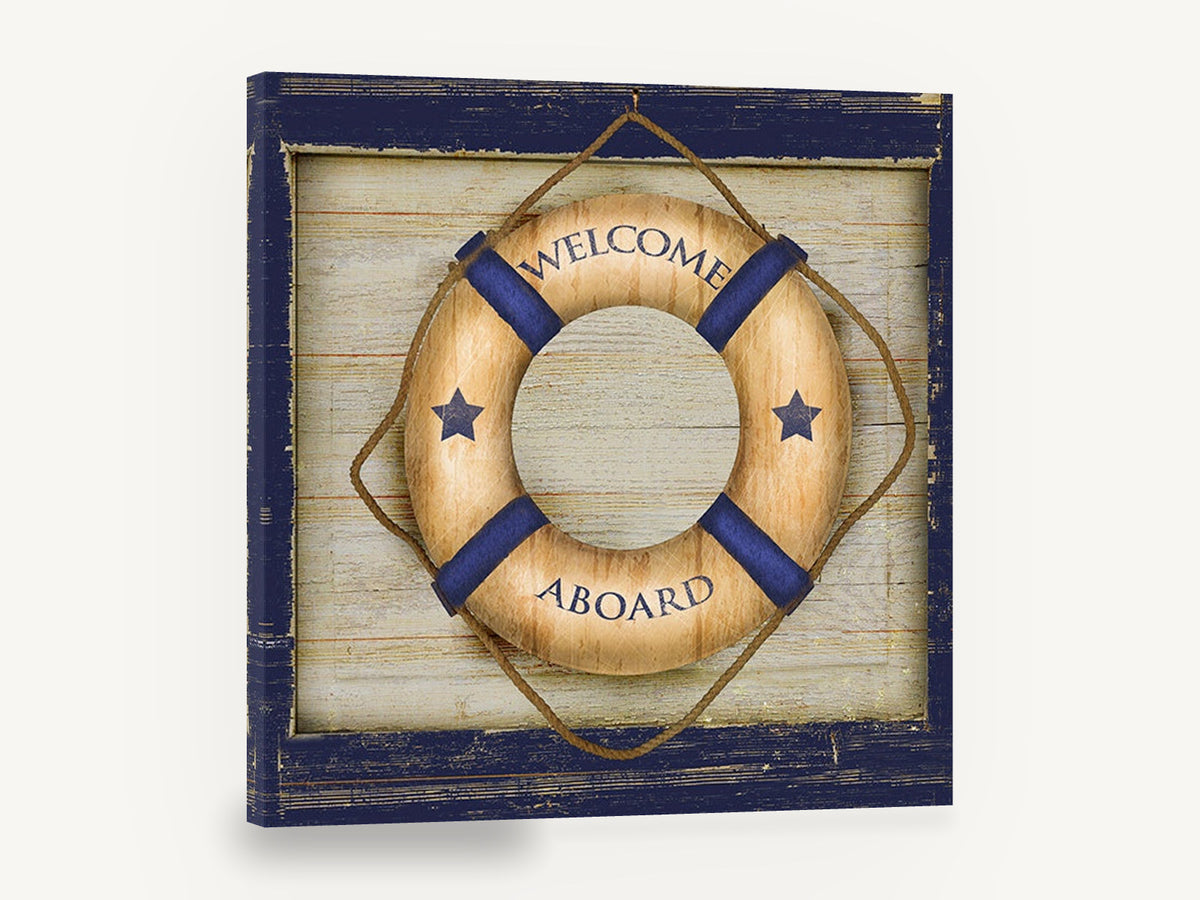 Welcome Aboard Lifebuoy, vintage welcome aboard lifebuoy sign, stretched canvas wall art print ready to hang