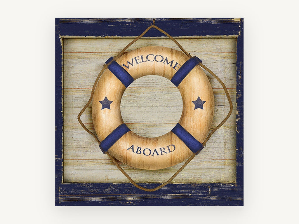 Welcome Aboard Lifebuoy, vintage canvas wall art print, front view