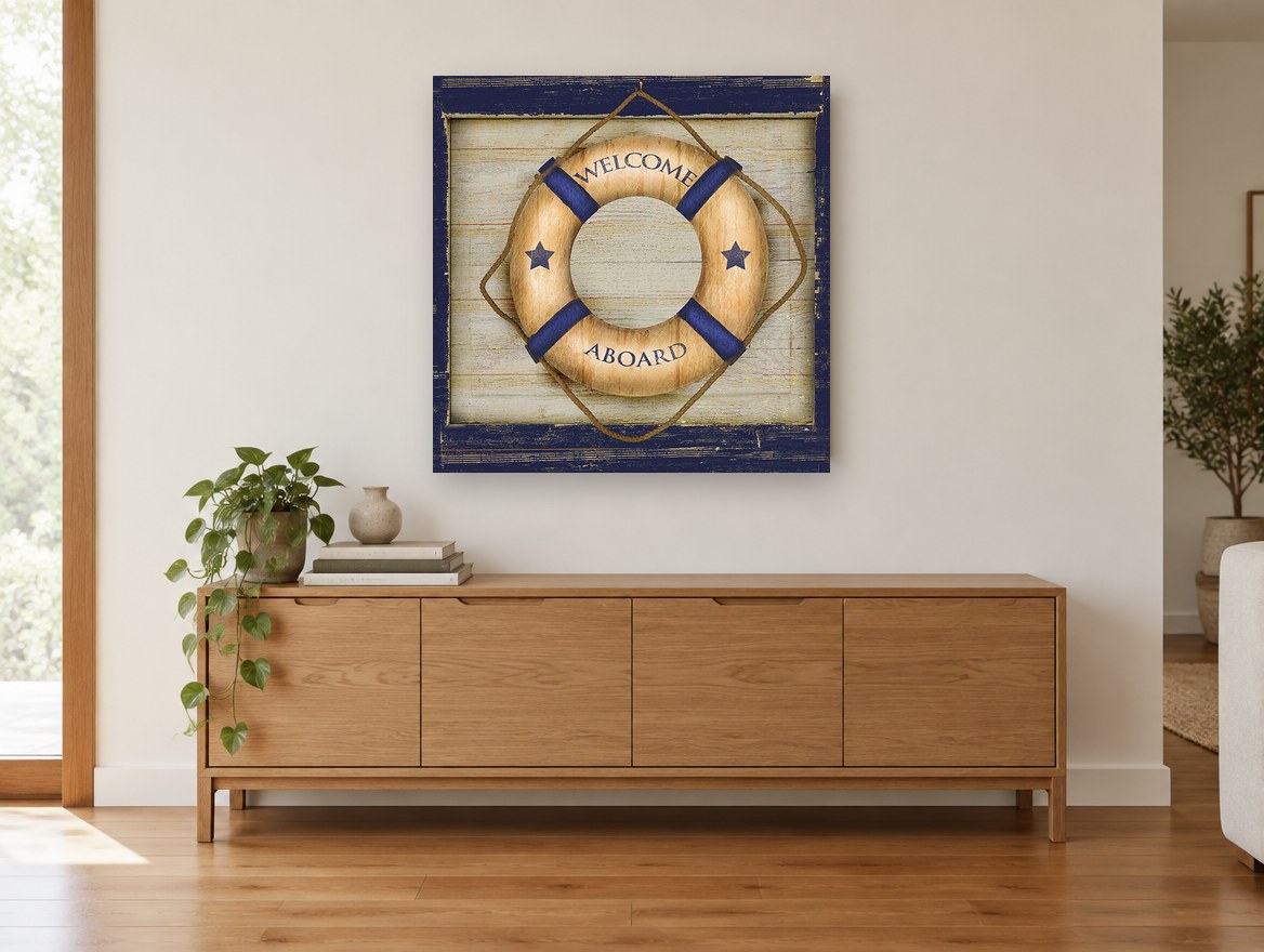 Welcome Aboard Lifebuoy vintage canvas print on the wall of a living room above a sideboard