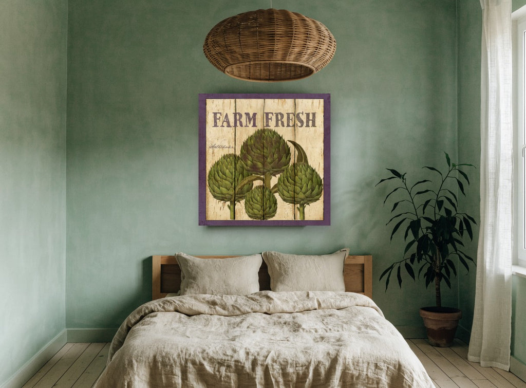 Farm Fresh Artichokes vintage canvas print on the wall of a bedroom