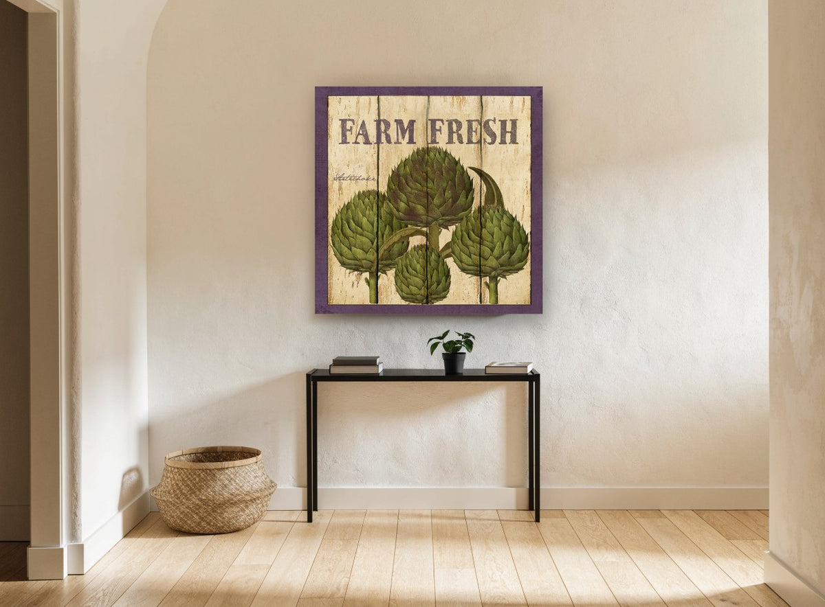 Farm Fresh Artichokes vintage canvas print on the wall of a hallway