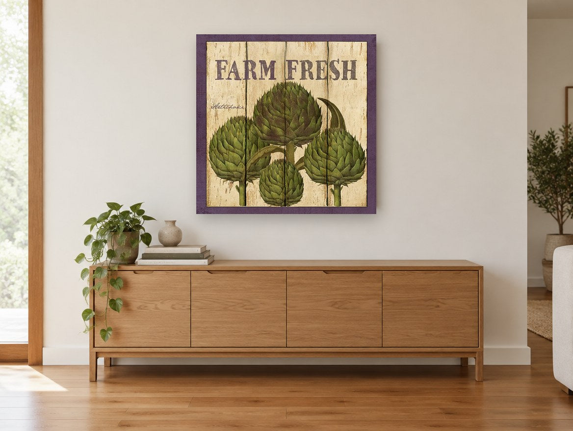 Farm Fresh Artichokes vintage canvas print on the wall of a living room above a sideboard