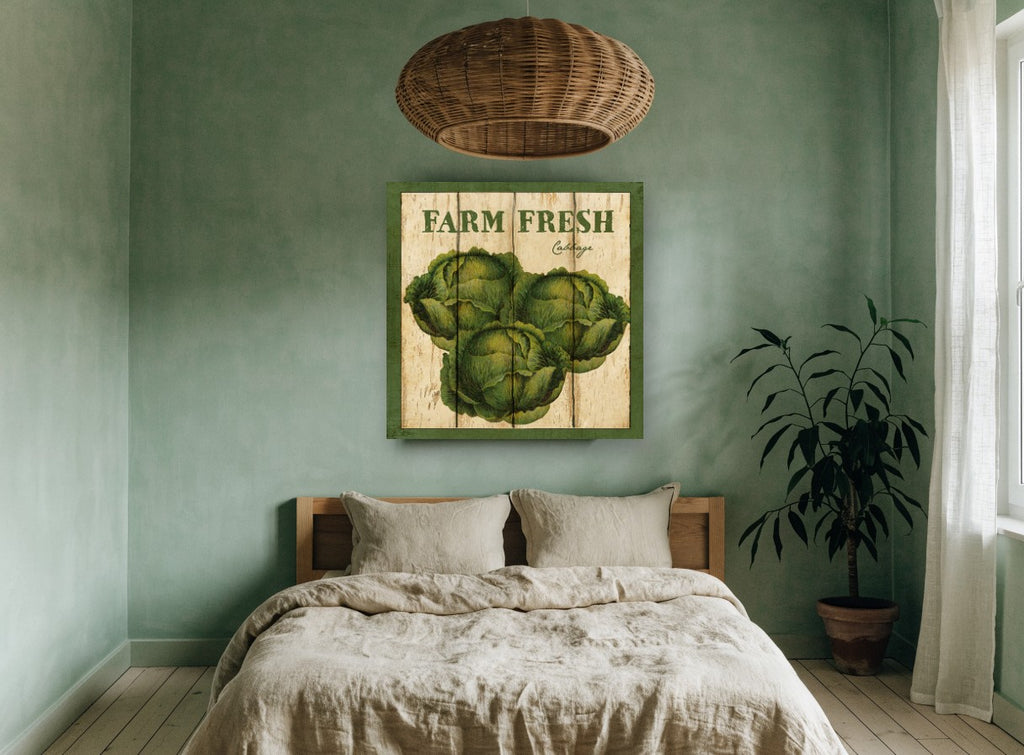 Farm Fresh Cabbage vintage canvas print on the wall of a bedroom
