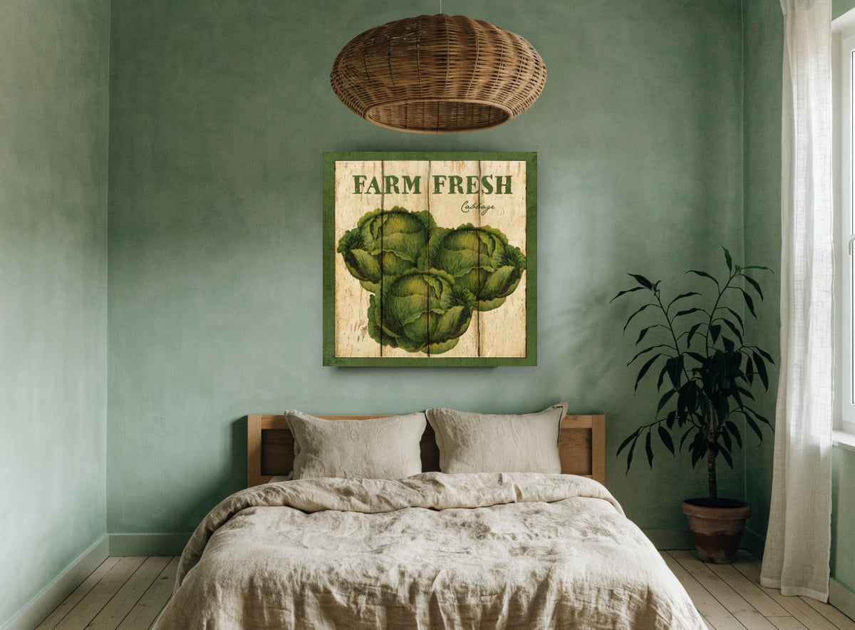 Farm Fresh Cabbage vintage canvas print on the wall of a bedroom