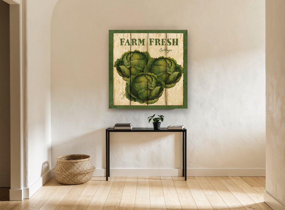 Farm Fresh Cabbage vintage canvas print on the wall of a hallway