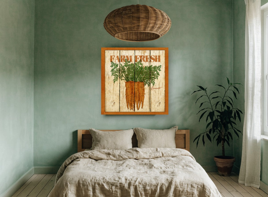 Farm Fresh Carrots vintage canvas print on the wall of a bedroom