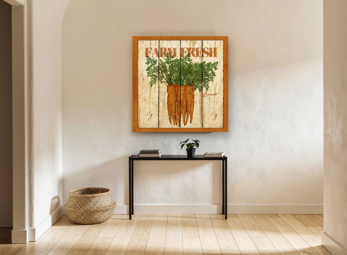 Farm Fresh Carrots vintage canvas print on the wall of a hallway