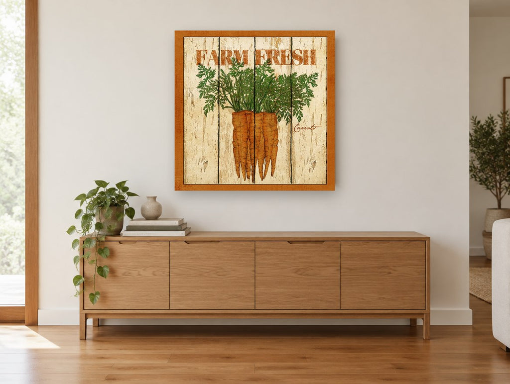 Farm Fresh Carrots vintage canvas print on the wall of a living room above a sideboard