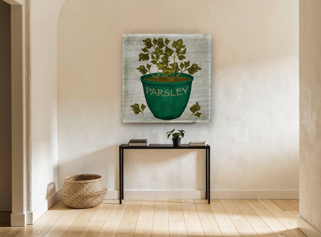 Green Pot Parsley vintage canvas print on the wall of a hallway