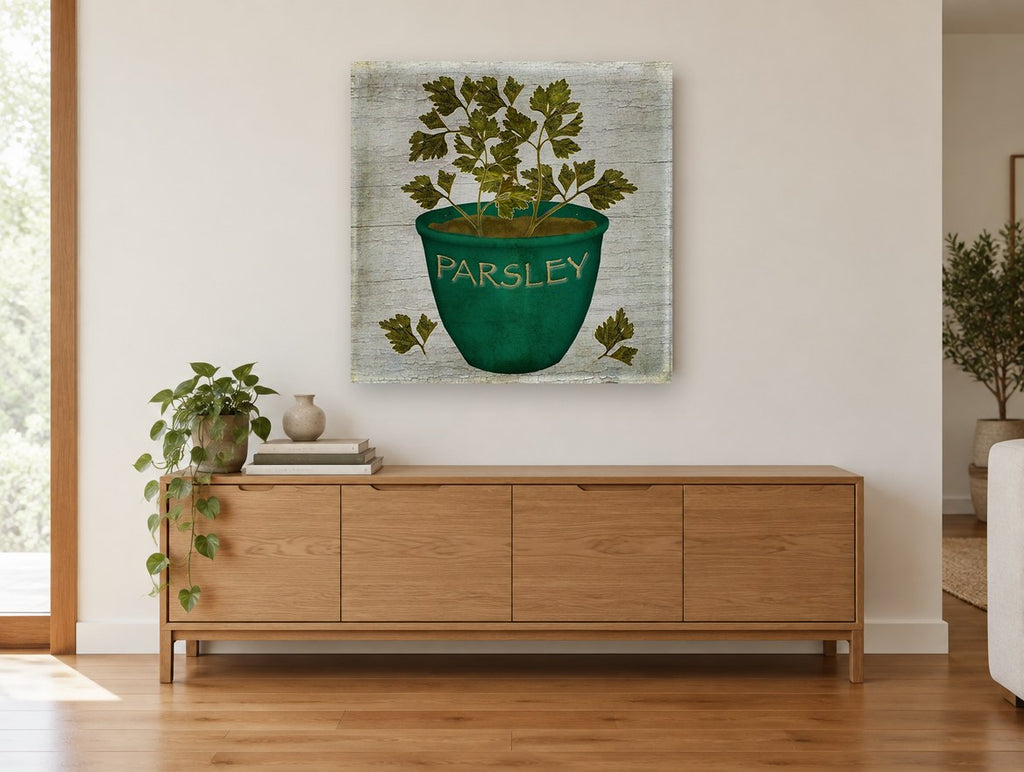 Green Pot Parsley vintage canvas print on the wall of a living room above a sideboard