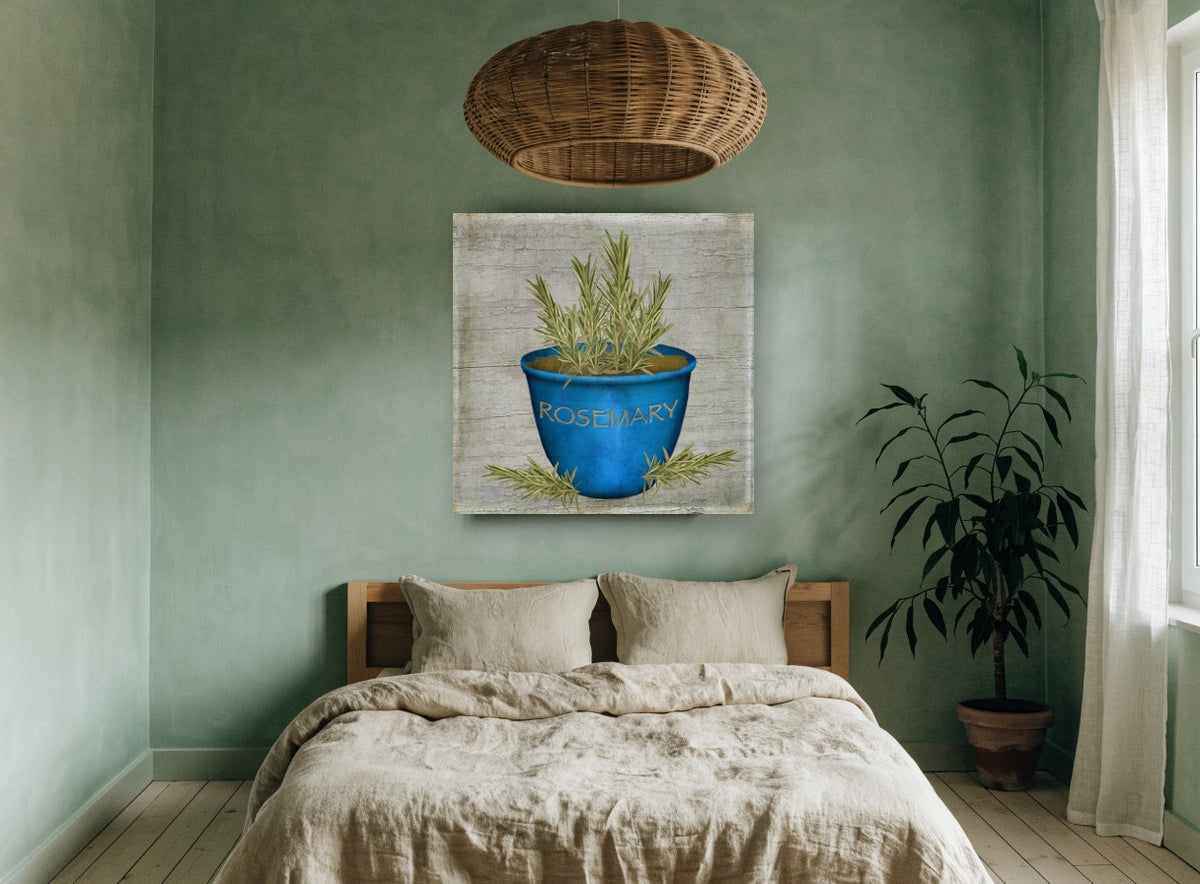 Blue Pot Rosemary vintage canvas print on the wall of a bedroom