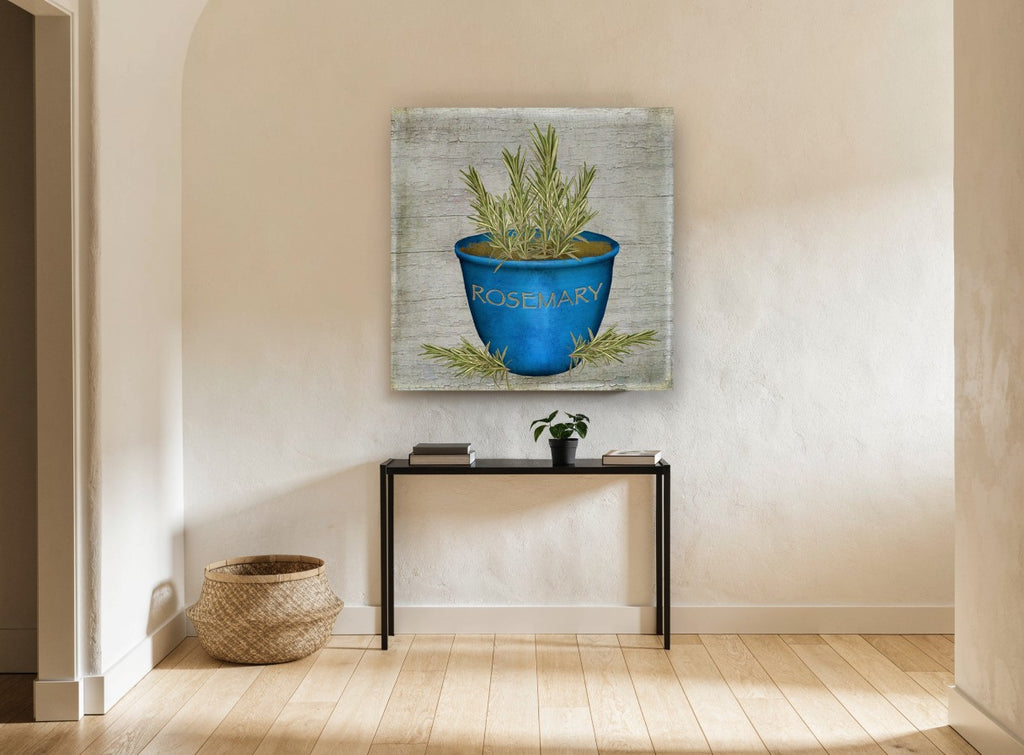 Blue Pot Rosemary vintage canvas print on the wall of a hallway