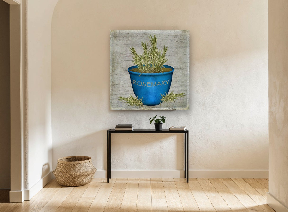 Blue Pot Rosemary vintage canvas print on the wall of a hallway