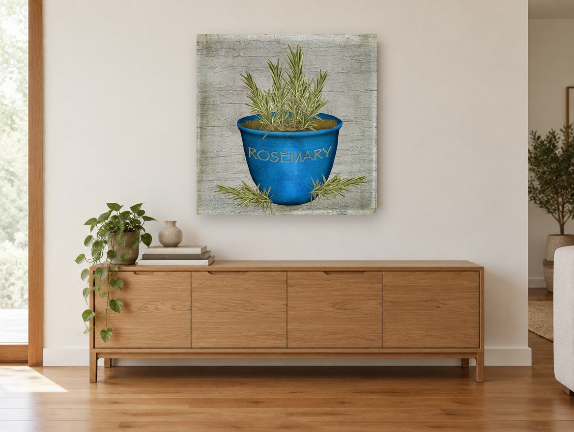 Blue Pot Rosemary vintage canvas print on the wall of a living room above a sideboard