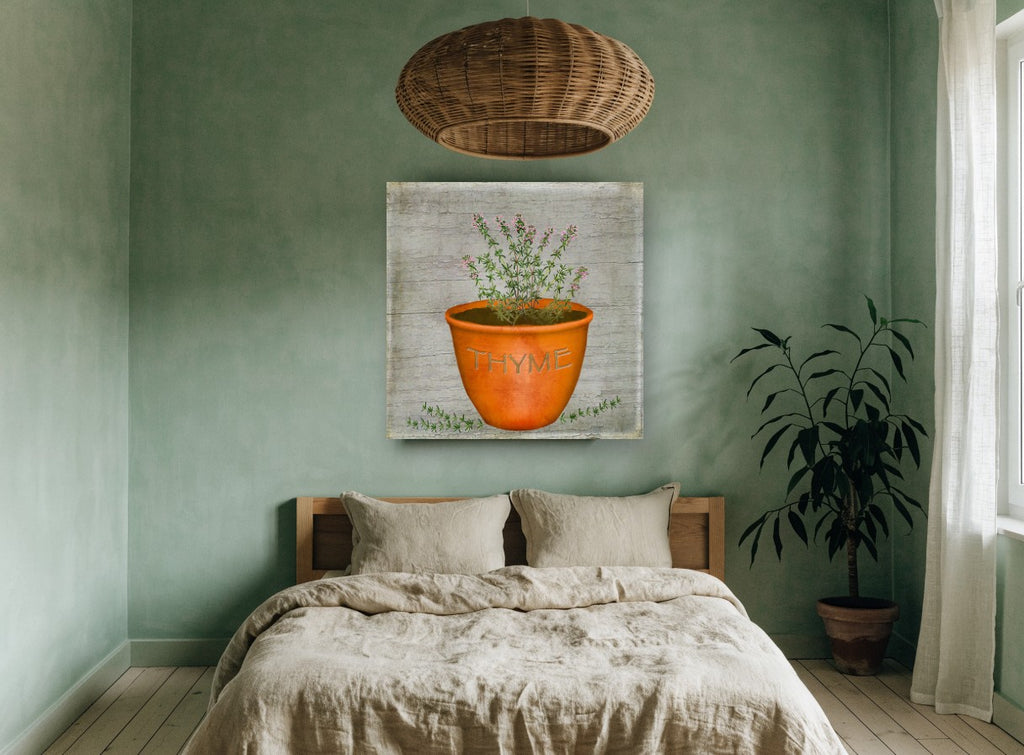 Potted Thyme Herb vintage canvas print on the wall of a bedroom