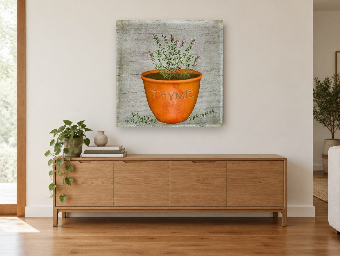 Potted Thyme Herb vintage canvas print on the wall of a living room above a sideboard