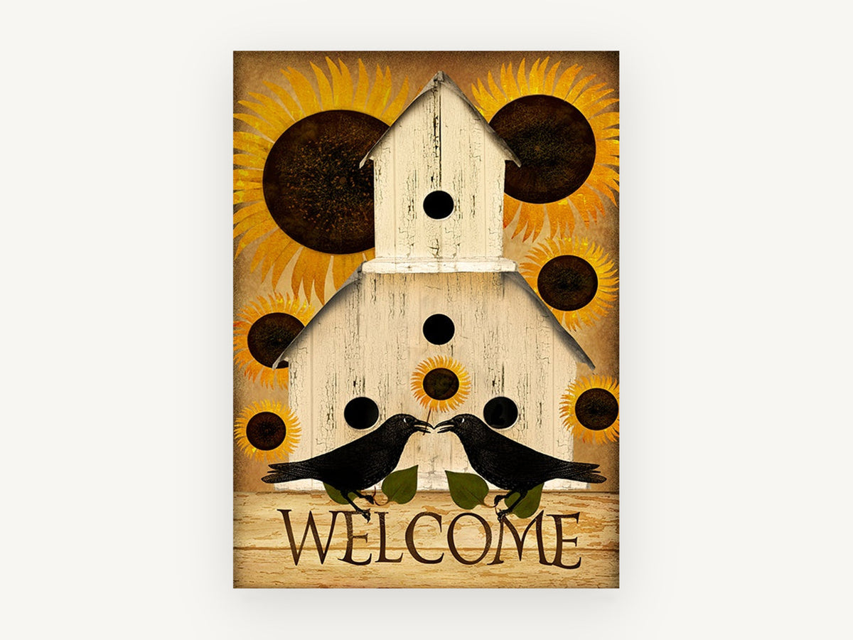 Welcome Crows and Sunflowers, floral canvas wall art print, front view