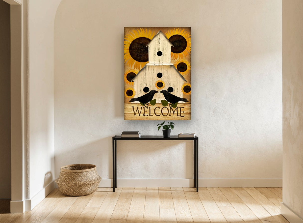 Welcome Crows and Sunflowers floral canvas print on the wall of a hallway