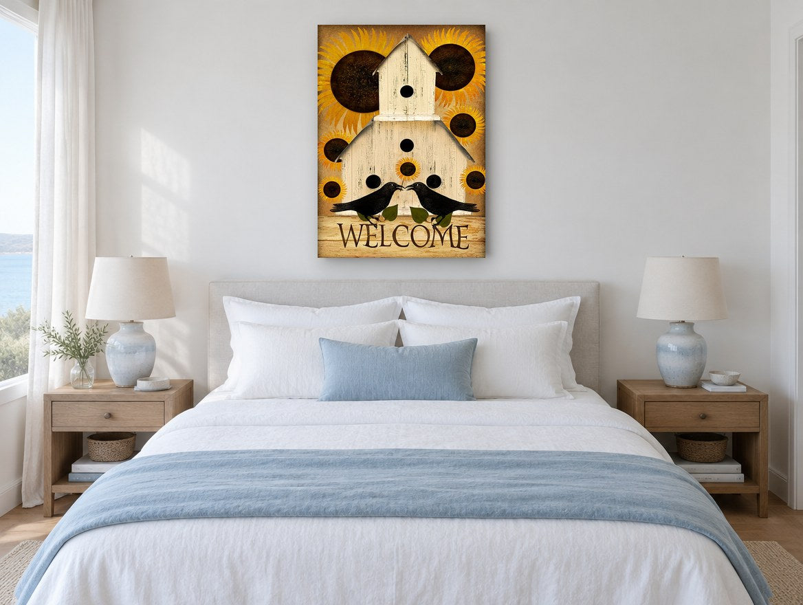 Welcome Crows and Sunflowers floral canvas print on the wall of a coastal bedroom