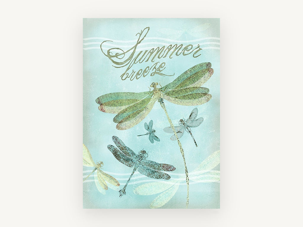 Dragonfly Summer Breeze, vintage dragonfly illustration with script, animal canvas wall art print, front view