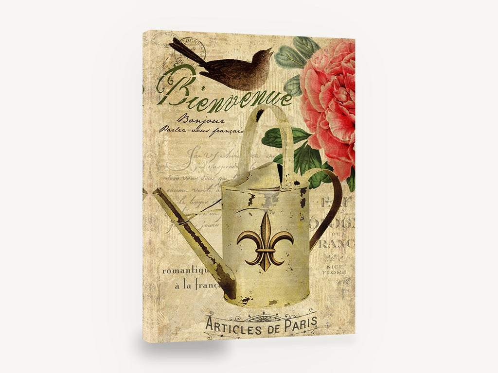 Bienvenue Watering Can, vintage french watering can peony, floral canvas wall art print ready to hang