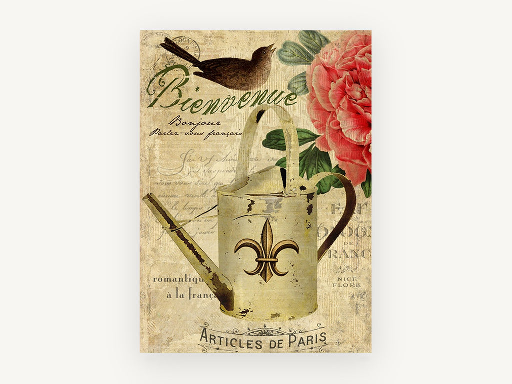 Bienvenue Watering Can, floral canvas wall art print, front view