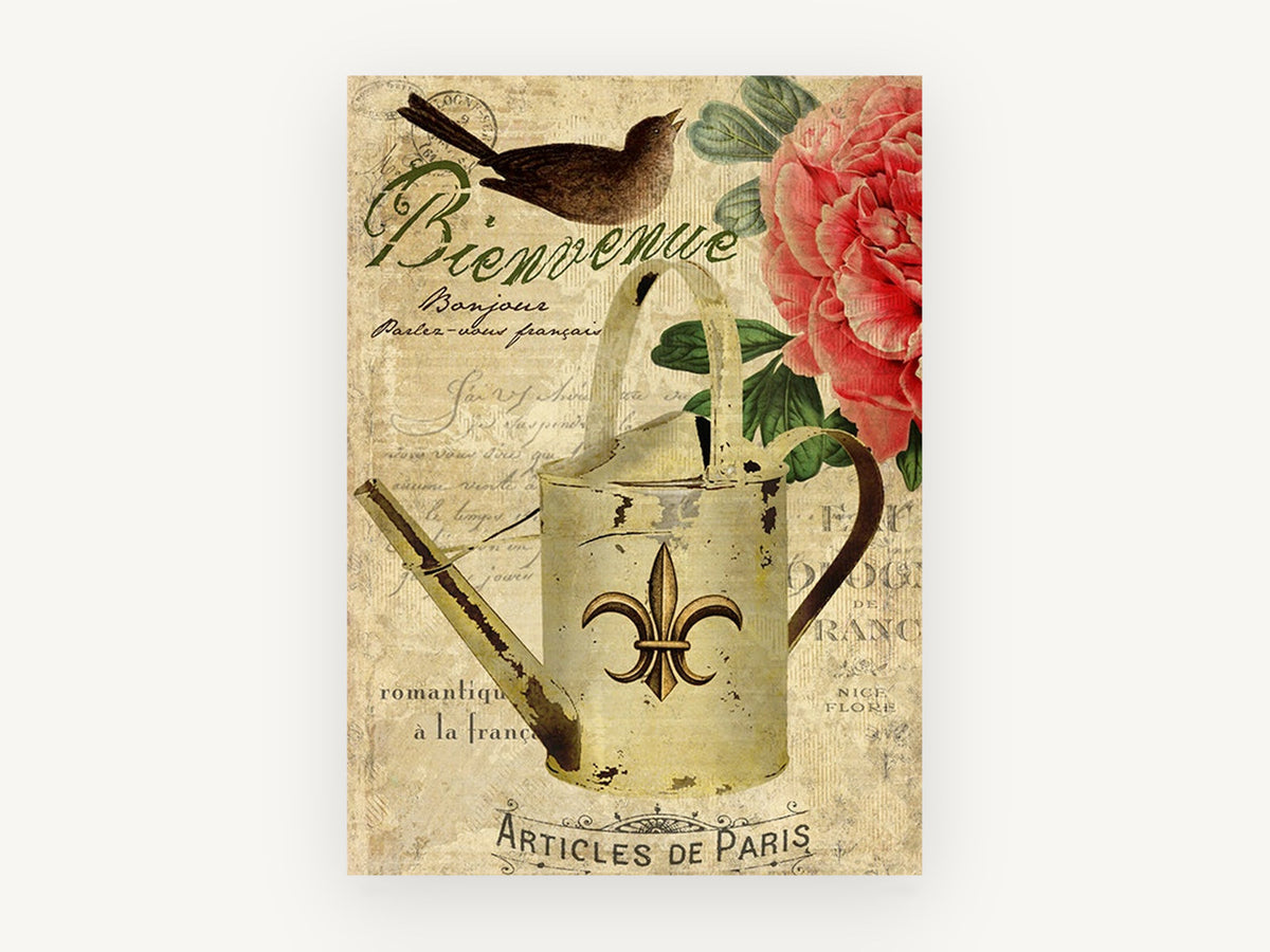 Bienvenue Watering Can, floral canvas wall art print, front view