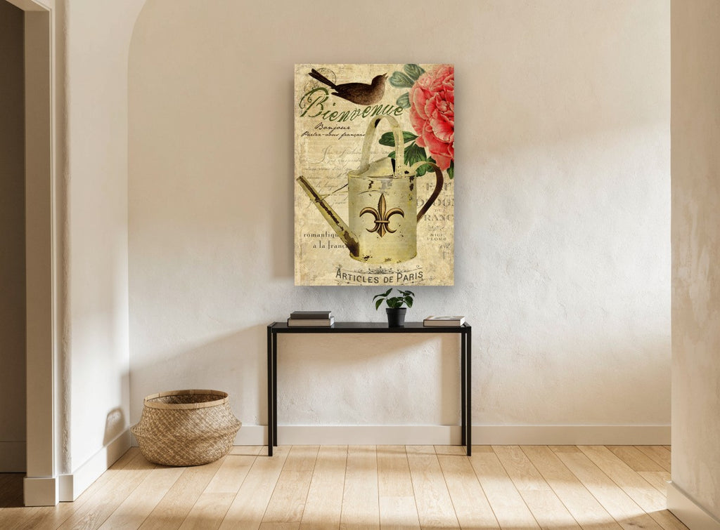 Bienvenue Watering Can floral canvas print on the wall of a hallway