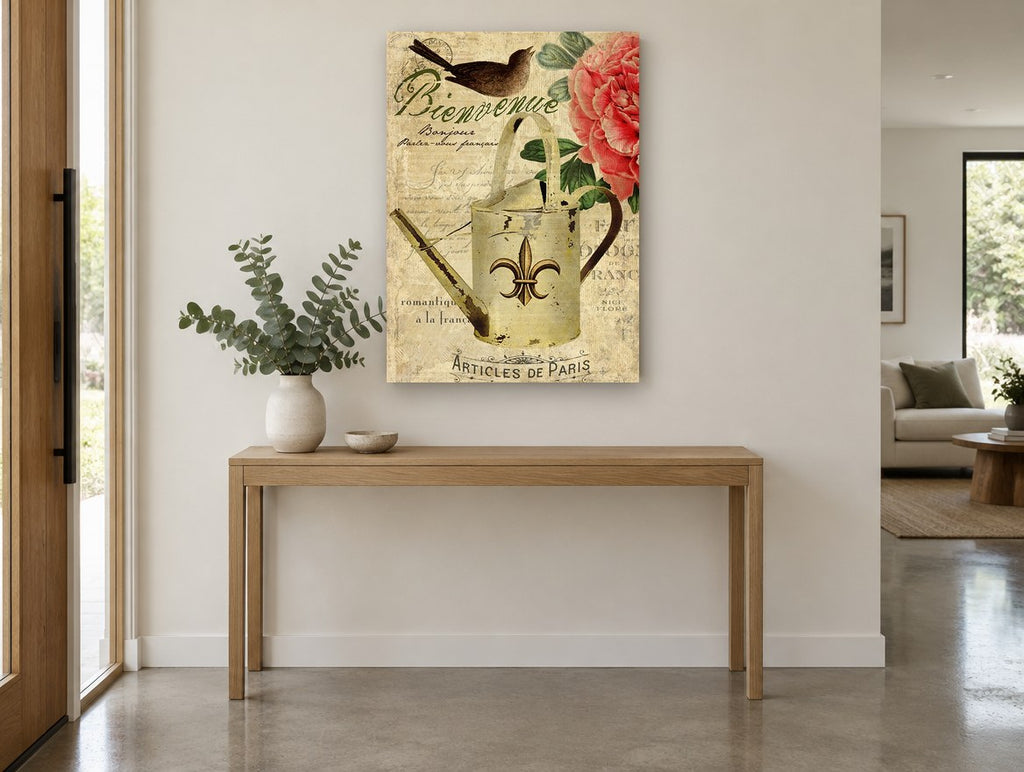 Bienvenue Watering Can floral canvas print on the wall of a entry hall