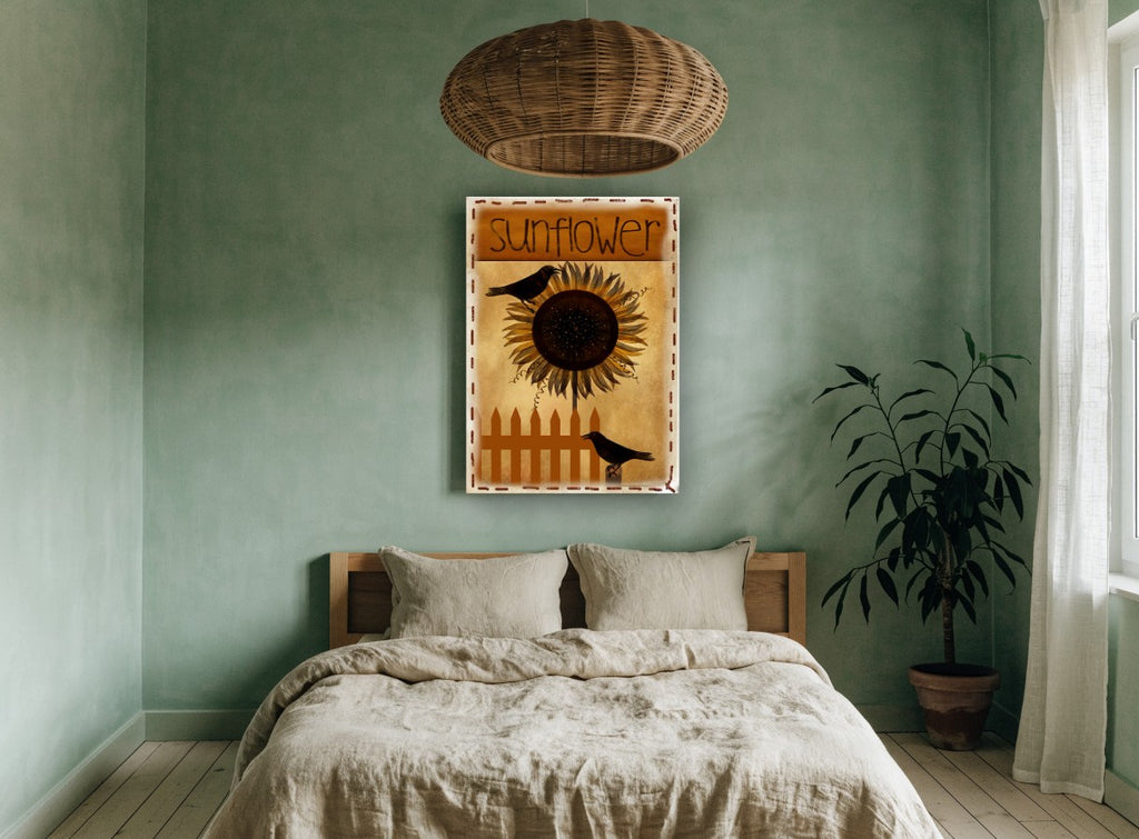 Crows and Sunflower Fence floral canvas print on the wall of a bedroom