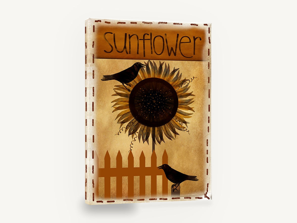 Crows and Sunflower Fence, rustic sunflower and crows illustration, floral canvas wall art print ready to hang