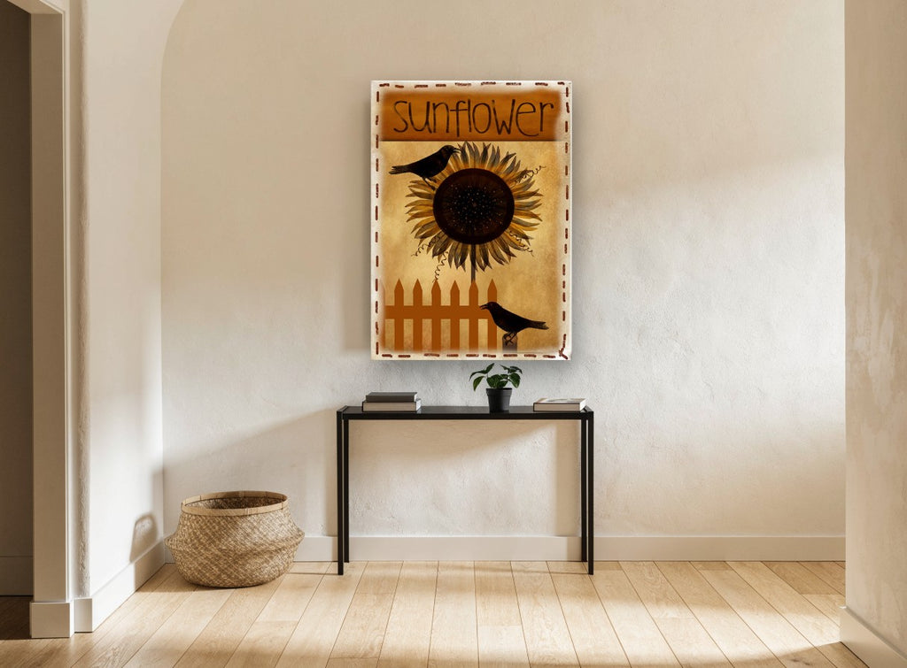 Crows and Sunflower Fence floral canvas print on the wall of a hallway